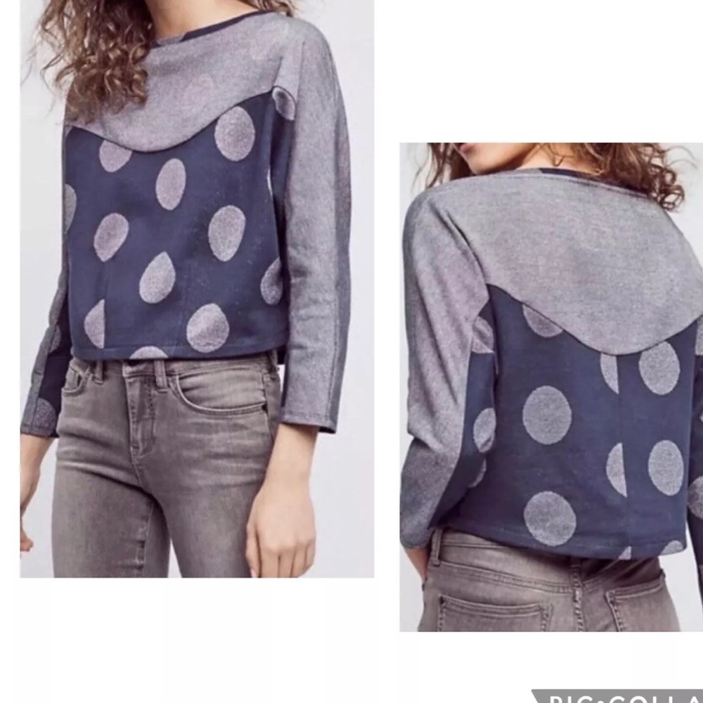 Anthropologie Postmark Blue/Silver Metallic Dot Cropped Sweatshirt Size Medium
